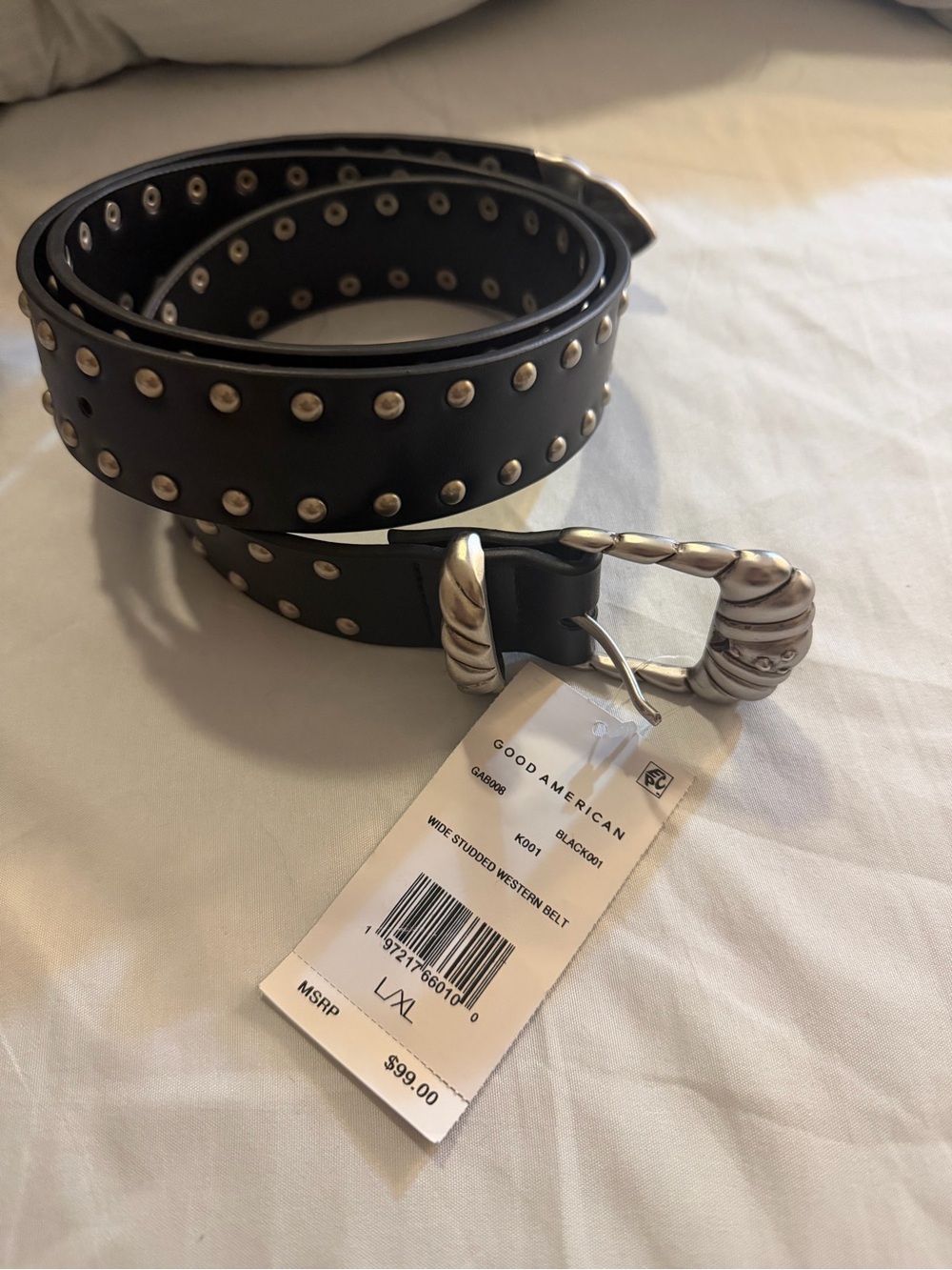 Good American Black Studded Belt with Twisted Silver Buckle